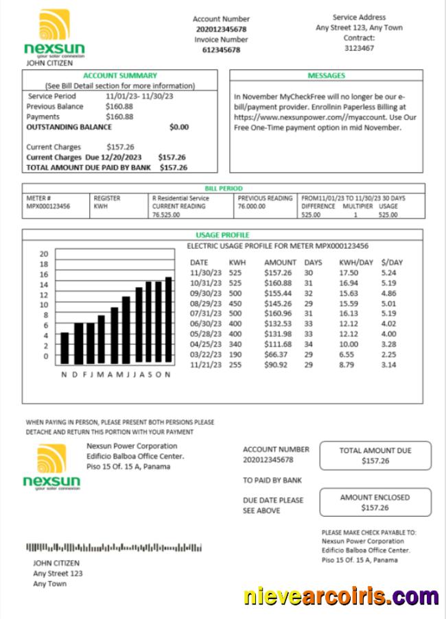 Panama Nexsun Power Corporation electricity utility bill